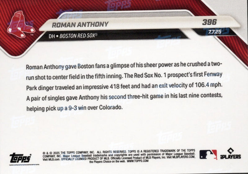 2025 Topps Now Roman Anthony #396 Gold Foil /50 Boston Red Sox Rookie RC Baseball Card