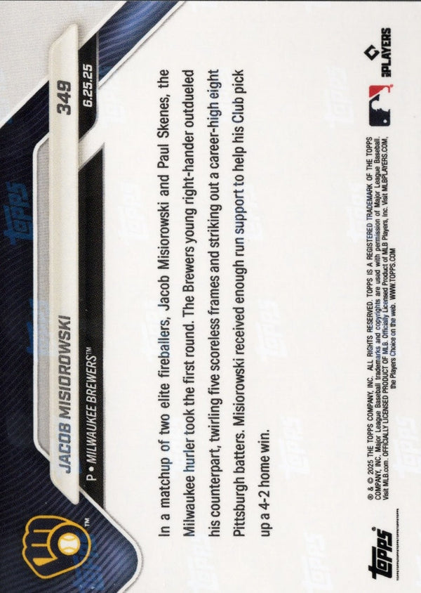 2025 Topps Now Jacob Misiorowski #349 Gold Foil /50 Milwaukee Brewers Rookie RC Baseball Card
