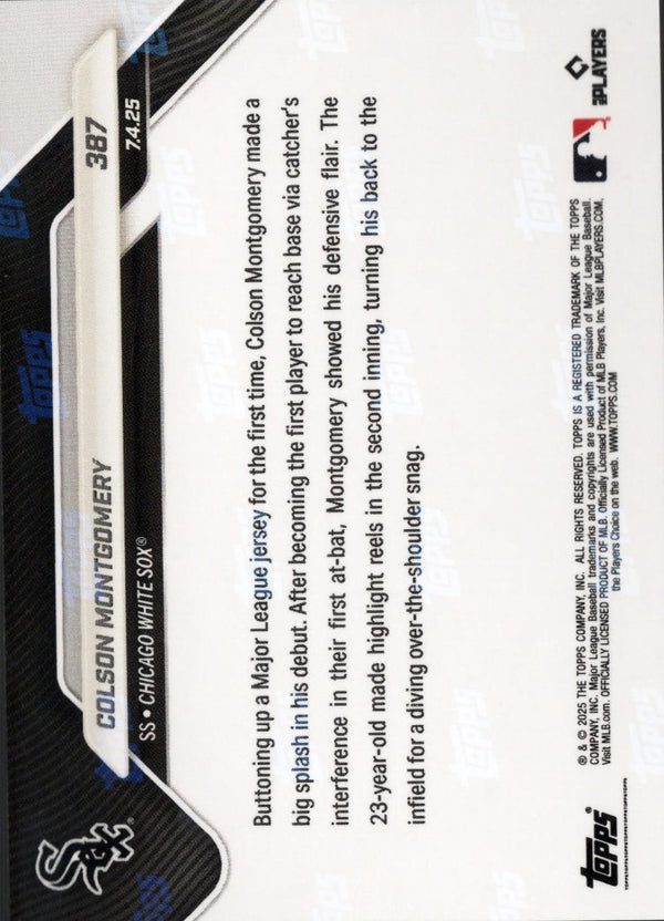 2025 Topps Now Colson Montgomery #387 Orange Foil /25 Chicago White Sox Rookie RC Baseball Card