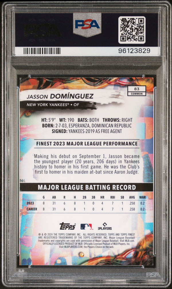 Graded 2024 Topps Finest Jasson Dominguez #83 Rookie RC Baseball Card PSA 10 Gem Mint