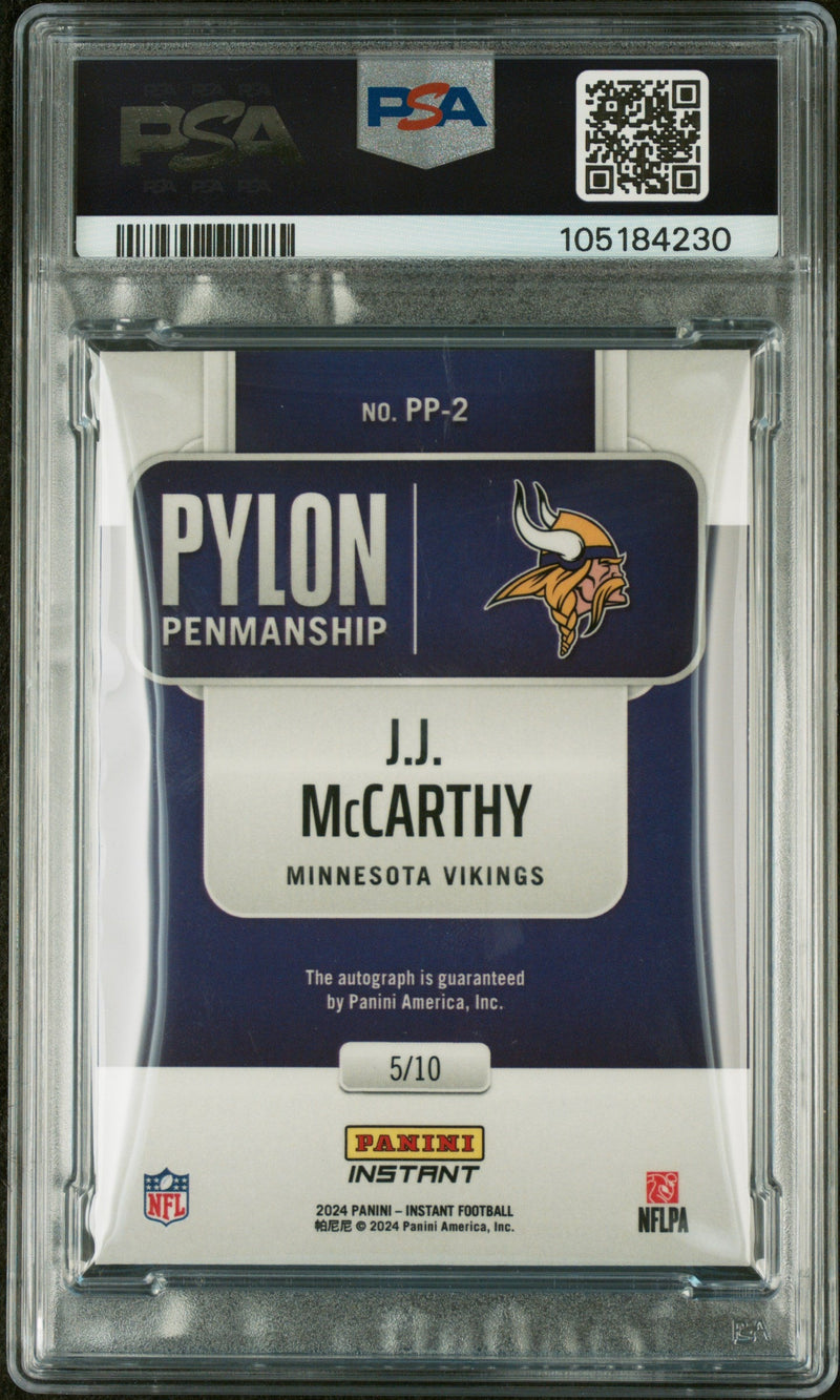 Graded 2024 Panini Instant NFL JJ McCarthy #PP2 Pylon Penmanship Rookie RC Football Card PSA 10 Auto Grade Gem Mint