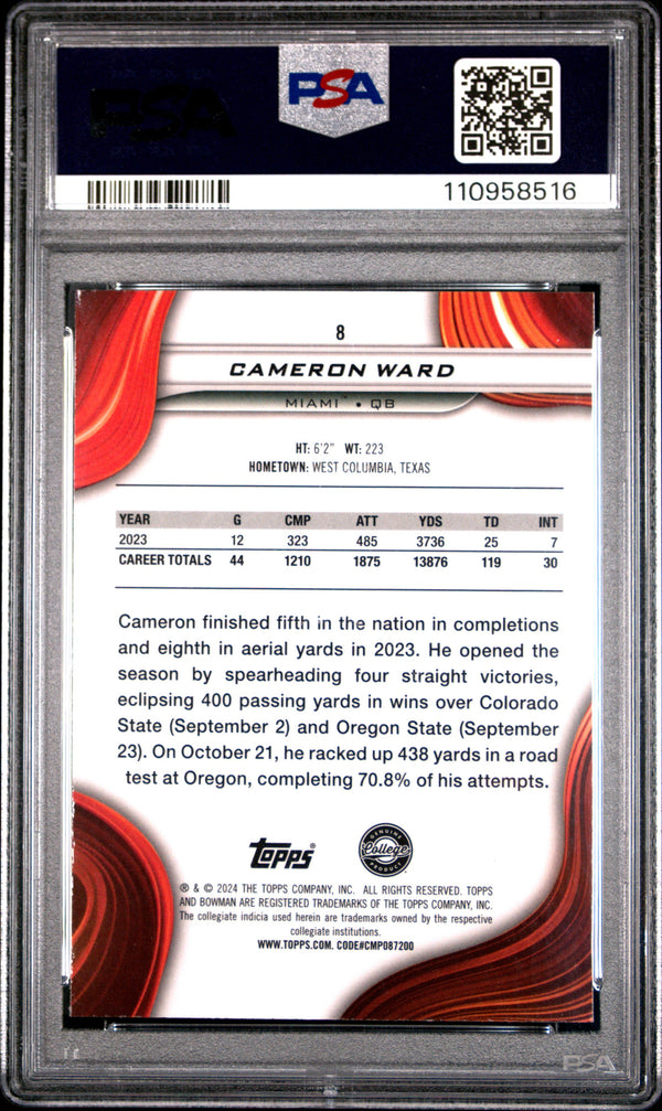 Graded 2024 Topps Bowman Best University Cam Ward #8 Green Mini Diamond /99 Rookie RC Football Card PSA 9 Mint
