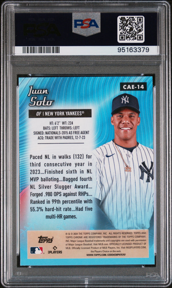 Graded 2024 Topps Chrome Juan Soto #CAE14 All Etch Baseball Card PSA 10 Gem Mint