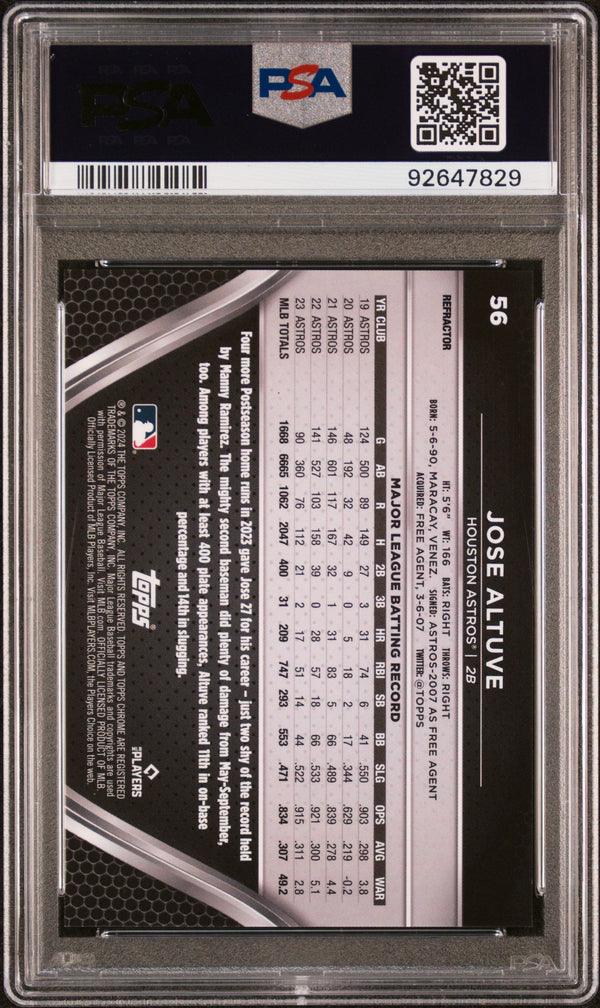 Graded 2024 Topps Chrome Black Jose Altuve #56 Refractor #/199 Baseball Card PSA 10 Gem Mint