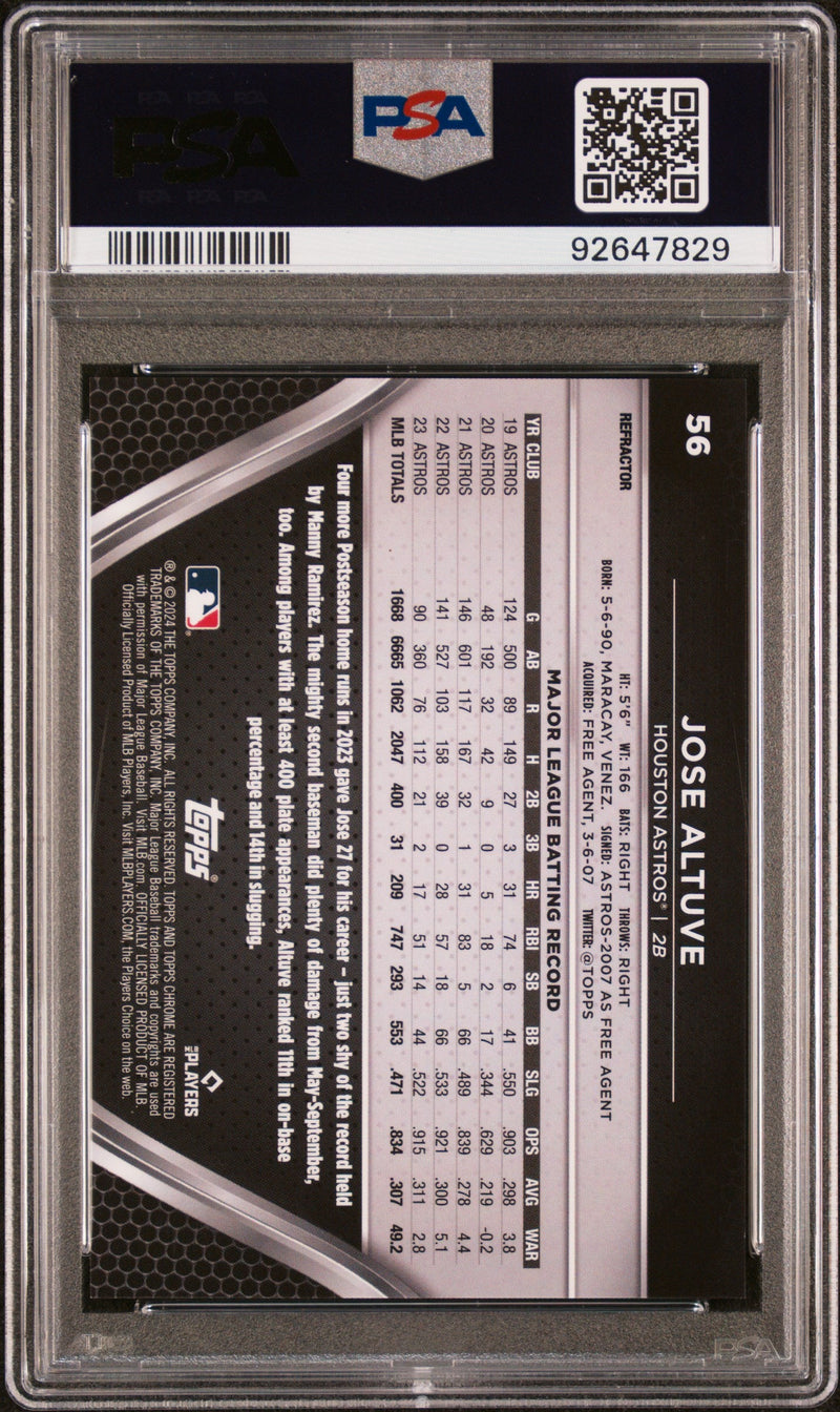 Graded 2024 Topps Chrome Black Jose Altuve #56 Refractor #/199 Baseball Card PSA 10 Gem Mint