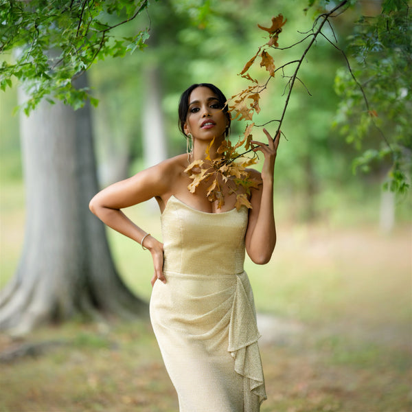 Strapples Draped Ruffle Gown