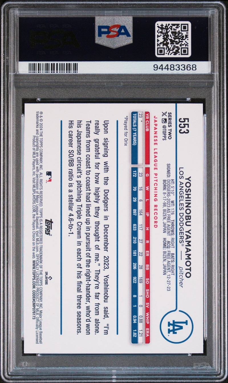 Graded 2024 Topps Yoshinobu Yamamoto #553 Rookie RC Baseball Card PSA 10 Gem Mint
