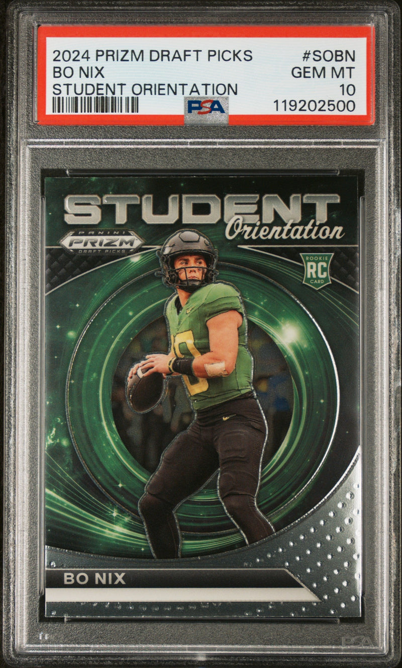 Graded 2024 Panini Prizm Draft Picks Bo Nix #SOBN Student Orientation Rookie RC Football Card PSA 10 Gem Mint