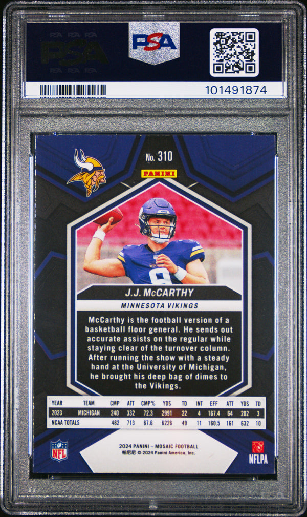 Graded 2024 Panini Mosaic JJ McCarthy #310 Rookie RC Football Card PSA 10 Gem Mint