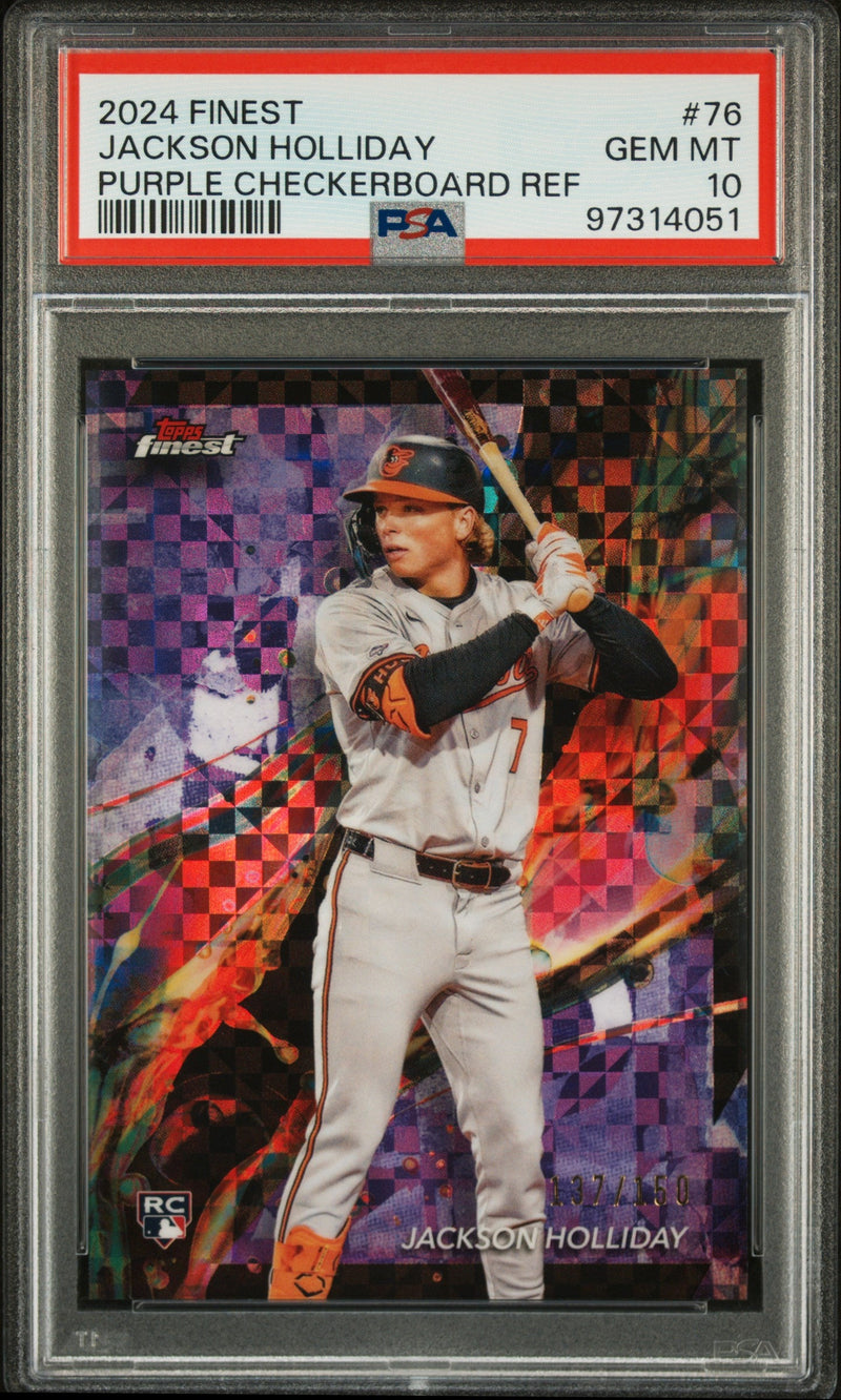 Graded 2024 Topps Finest Jackson Holliday #76 Purple Checkerboard Refractor #/150 Rookie RC Baseball Card PSA 10 Gem Mint