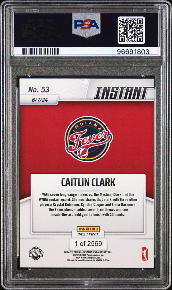 Graded 2024 Panini Instant WNBA Caitlin Clark #53 Rookie RC Basketball Card PSA 9 Mint