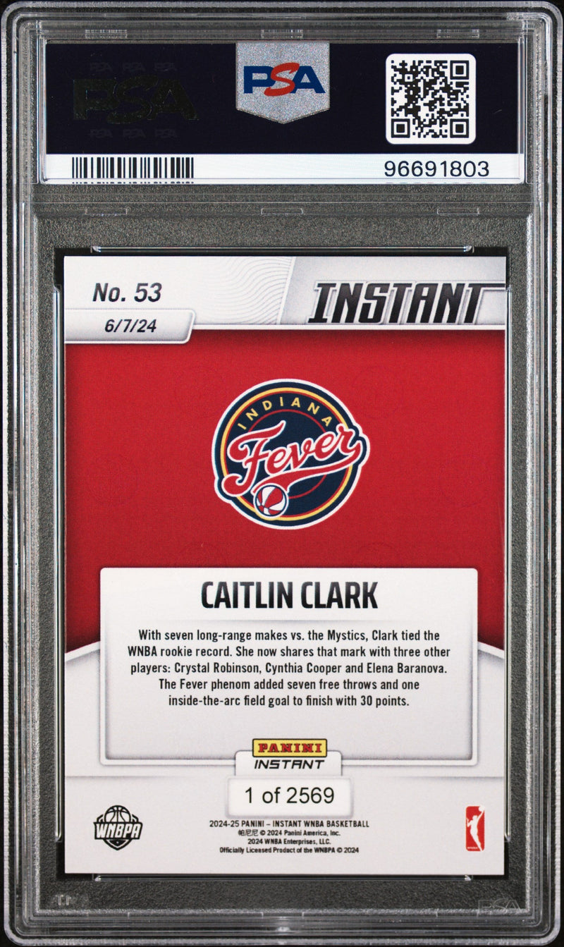 Graded 2024 Panini Instant WNBA Caitlin Clark #53 Rookie RC Basketball Card PSA 9 Mint