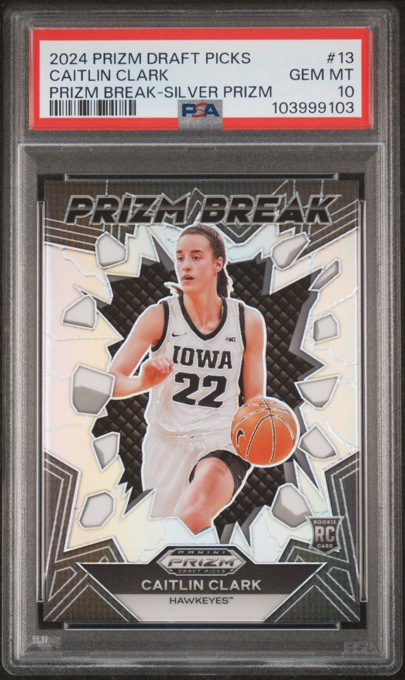 Graded 2024 Panini Prizm Draft Picks Caitlin Clark #13 Prizm Break Silver Prizm Rookie RC Basketball Card PSA 10 Gem Mint
