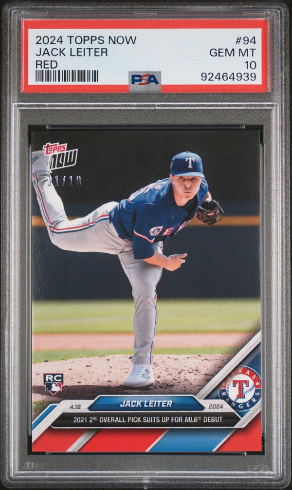 Graded 2024 Topps Now Jack Leiter #94 Red #/10 Rookie RC Baseball Card PSA 10 Gem Mint