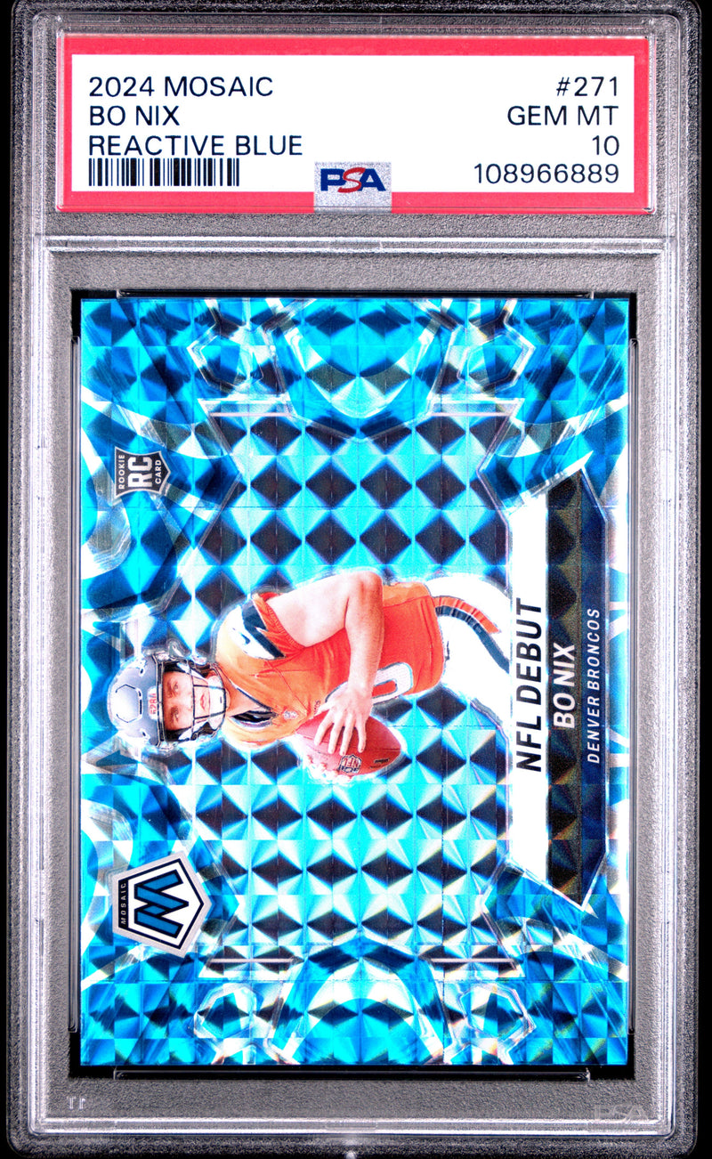 Graded 2024 Panini Mosaic Bo Nix #271 Reactive Blue Rookie RC Football Card PSA 10 Gem Mint