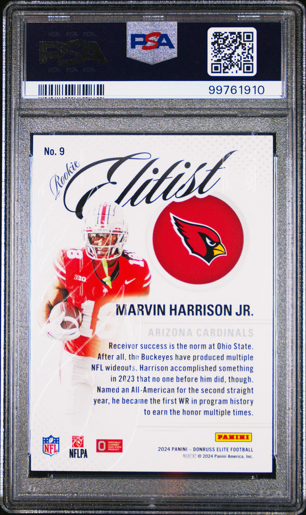 Graded 2024 Panini Donruss Elite Marvin Harrison Jr #9 Rookie Elitist Rookie RC Football Card PSA 10 Gem Mint
