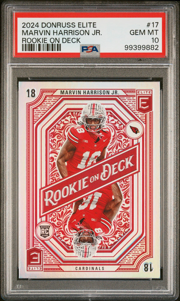 Graded 2024 Panini Donruss Elite Marvin Harrison Jr #17 Rookie On Deck Rookie RC Football Card PSA 10 Gem Mint