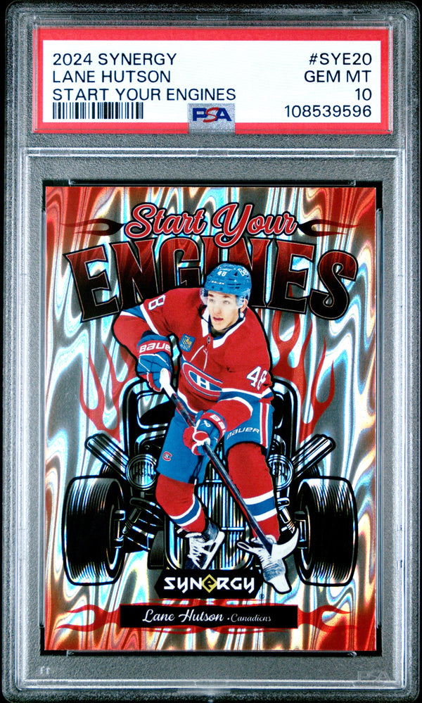 Graded 2024 Upper Deck Synergy Lane Hutson #SYE20 Start Your Engines Rookie RC Hockey Card PSA 10 Gem Mint