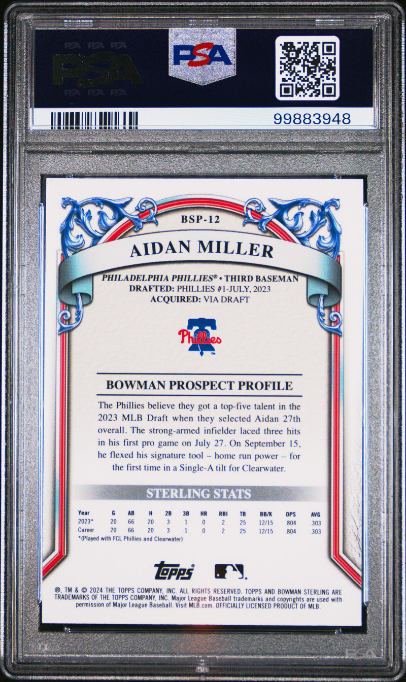 Graded 2024 Topps Bowman Sterling Aidan Miller #BSP12 Prospects Rookie RC Baseball Card PSA 10 Gem Mint