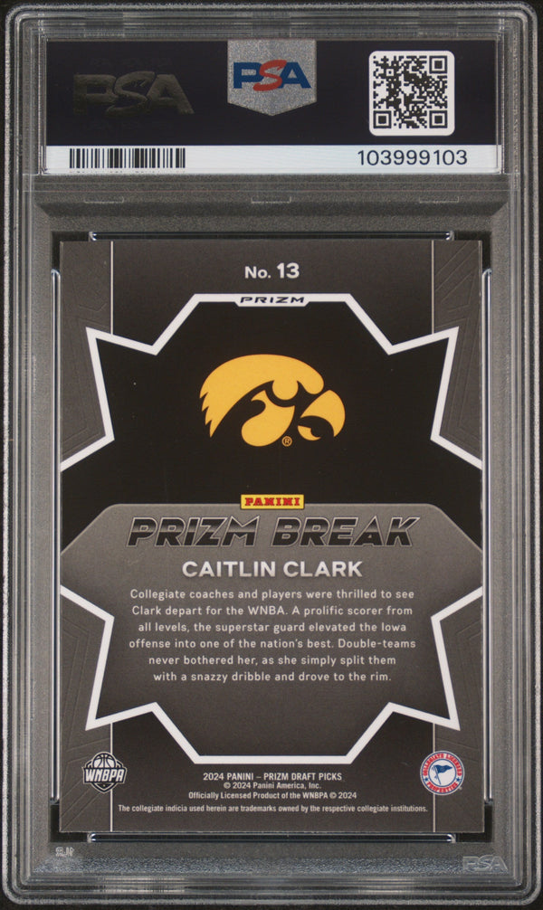 Graded 2024 Panini Prizm Draft Picks Caitlin Clark #13 Prizm Break Silver Prizm Rookie RC Basketball Card PSA 10 Gem Mint