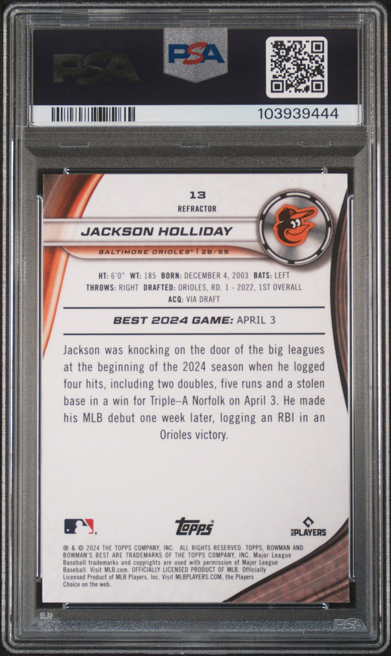 Graded 2024 Topps Bowmans Best Jackson Holliday #13 Refractor Rookie RC Baseball Card PSA 10 Gem Mint