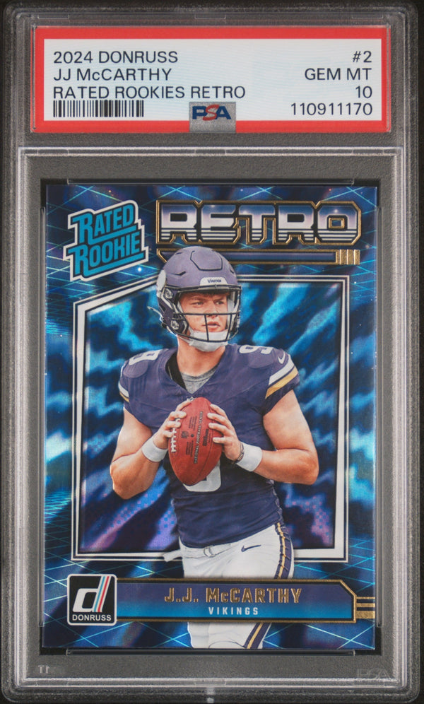 Graded 2024 Panini Donruss JJ McCarthy #BLUE Rated Rookies Retro Rookie RC Football Card PSA 10 Gem Mint