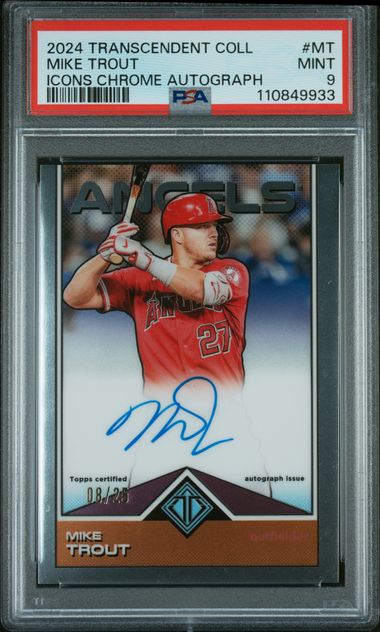 Graded 2024 Topps Transcendent Collection Mike Trout #MT Icons Chrome Autograph #/25 Baseball Card PSA 9 Mint