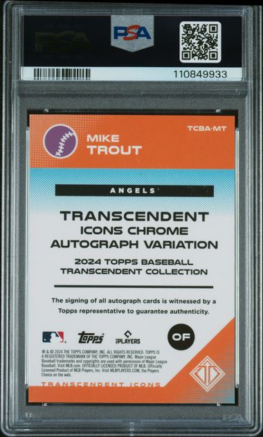 Graded 2024 Topps Transcendent Collection Mike Trout #MT Icons Chrome Autograph #/25 Baseball Card PSA 9 Mint