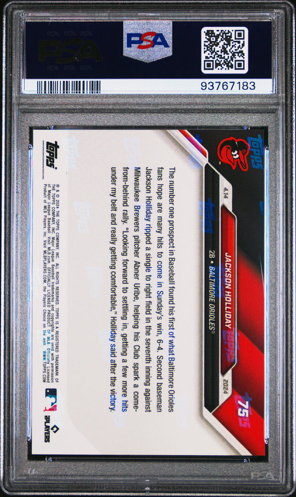 Graded 2024 Topps Now Jackson Holliday #75 1st Career Hit Rookie RC Baseball Card PSA 10 Gem Mint