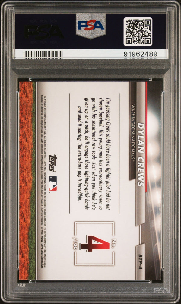 Graded 2024 Topps Bowman Dylan Crews #BTP4 Scouts Top 100 Rookie RC Baseball Card PSA 10 Gem Mint
