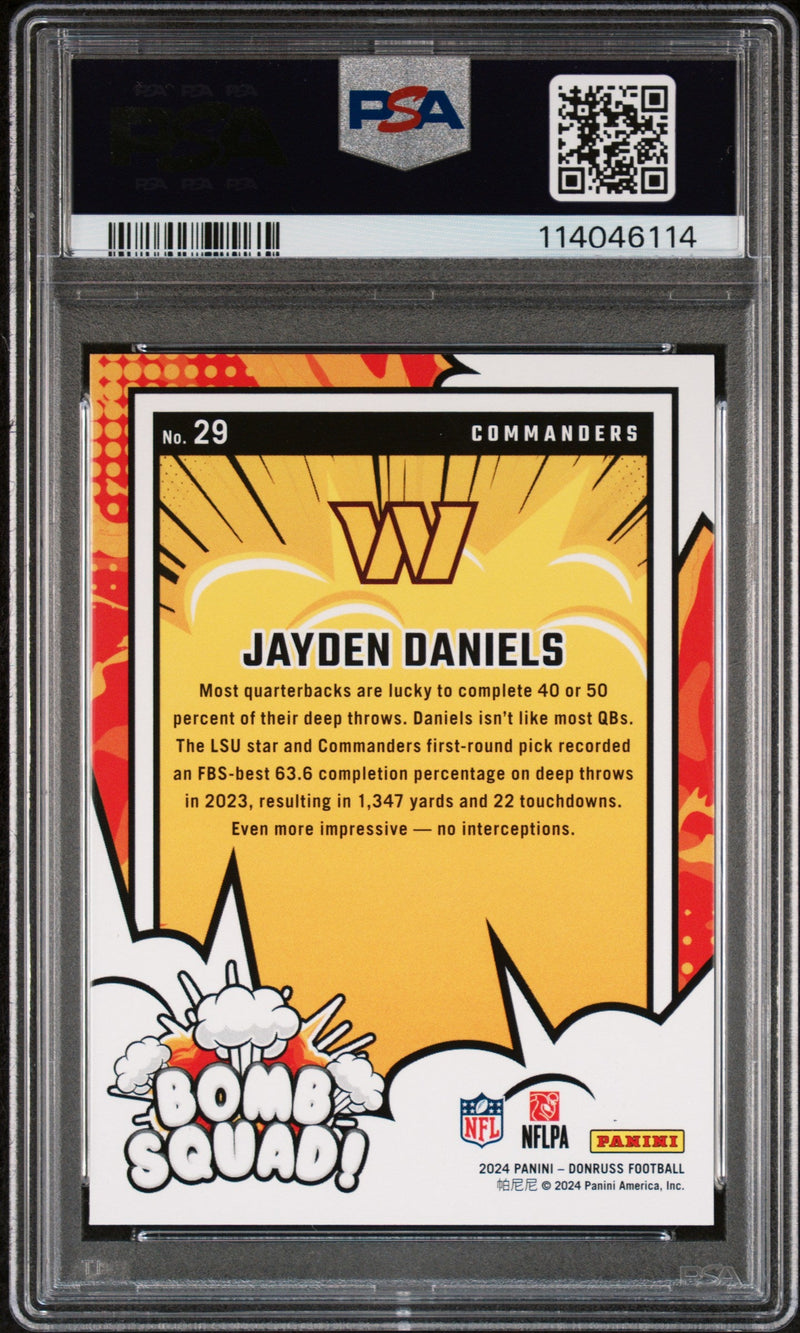 Graded 2024 Panini Donruss Jayden Daniels #29 Bomb Squad Rookie RC Football Card PSA 10 Gem Mint