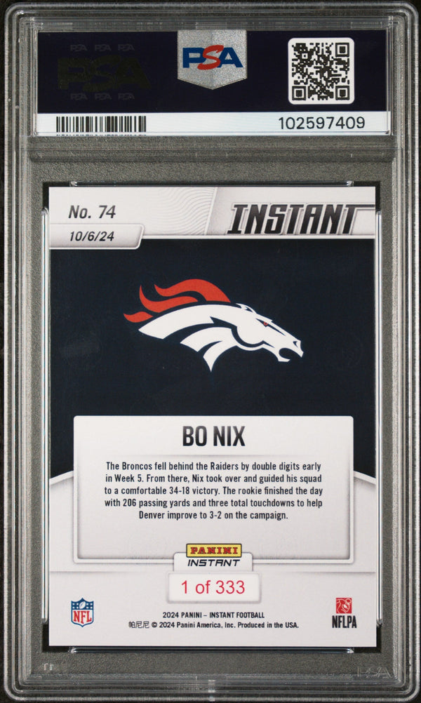Graded 2024 Panini Instant NFL Bo Nix #74 Rookie RC Football Card PSA 9 Mint