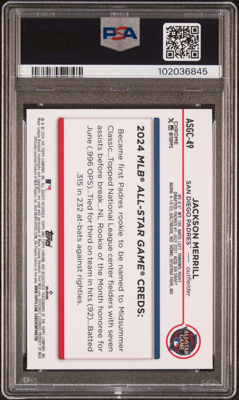 Graded 2024 Topps Chrome Update Jackson Merrill #49 2024 All Star Game Rookie RC Baseball Card PSA 10 Gem Mint