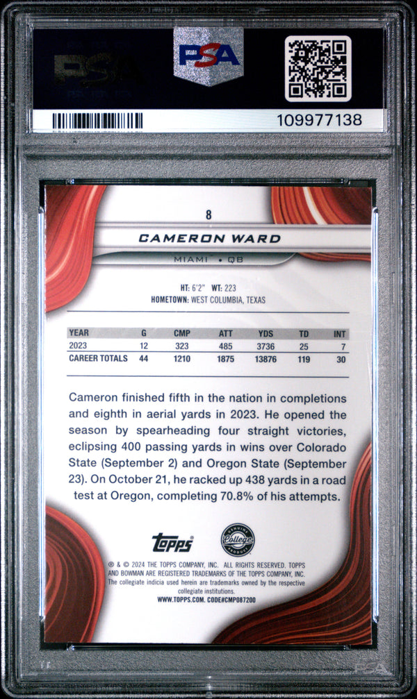 Graded 2024 Topps Bowman Best University Cam Ward #8 Rookie RC Football Card PSA 10 Gem Mint