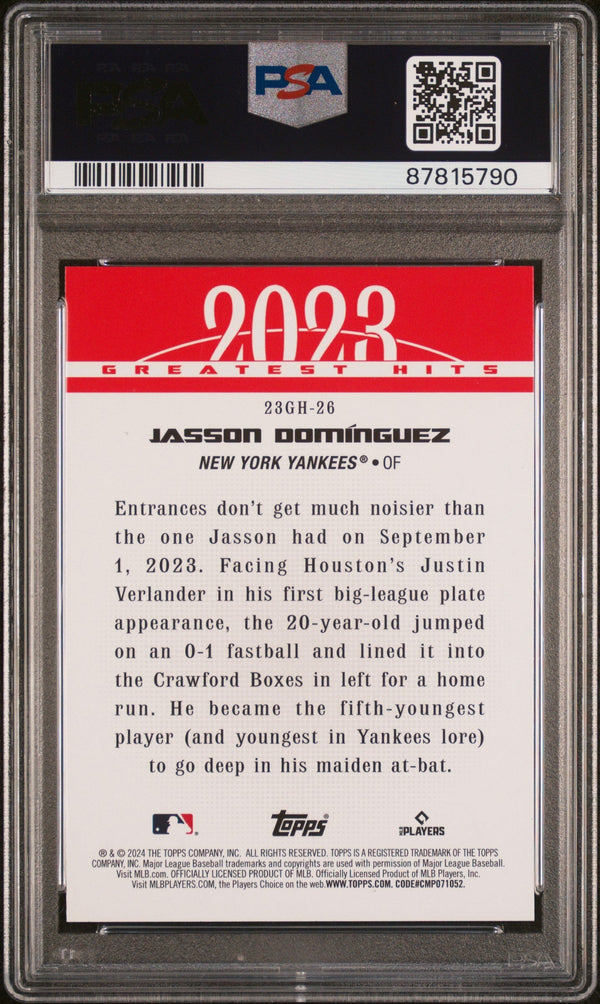 Graded 2024 Topps Jasson Dominguez #23GH26 2023 Greatest Hits Rookie RC Baseball Card PSA 10 Gem Mint