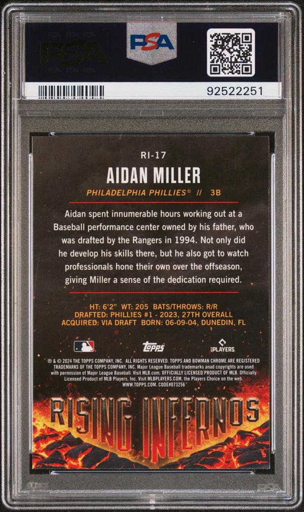Graded 2024 Topps Bowman Aidan Miller #RI17 Rising Infernos Rookie RC Baseball Card PSA 10 Gem Mint