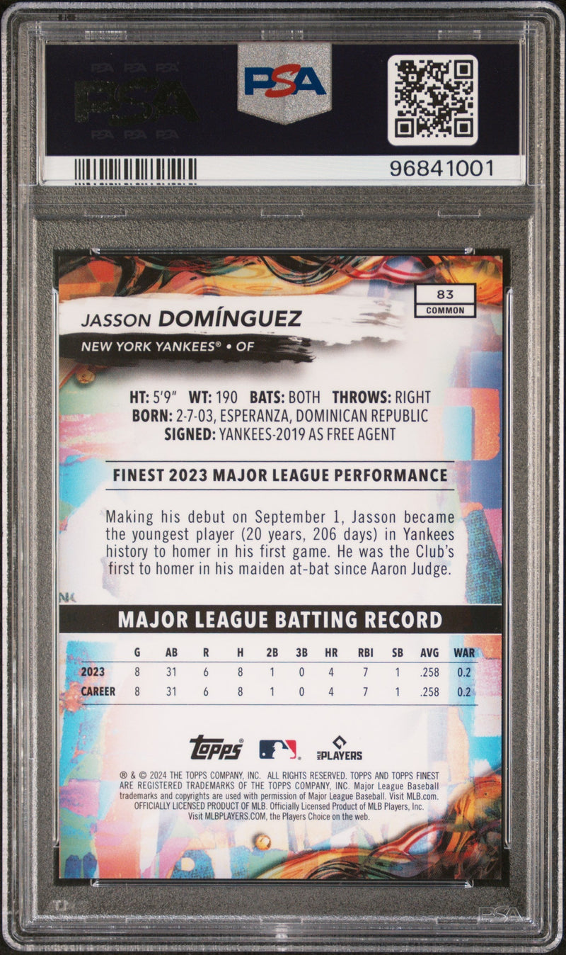 Graded 2024 Topps Finest Jasson Dominguez #83 Purple Refractor #/250 Rookie RC Baseball Card PSA 10 Gem Mint