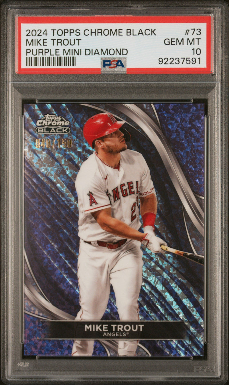 Graded 2024 Topps Chrome Black Mike Trout #73 Purple Mini Diamond #/150 Baseball Card PSA 10 Gem Mint