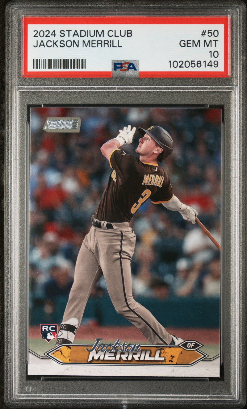 Graded 2024 Topps Stadium Club Jackson Merrill #50 Rookie RC Baseball Card PSA 10 Gem Mint