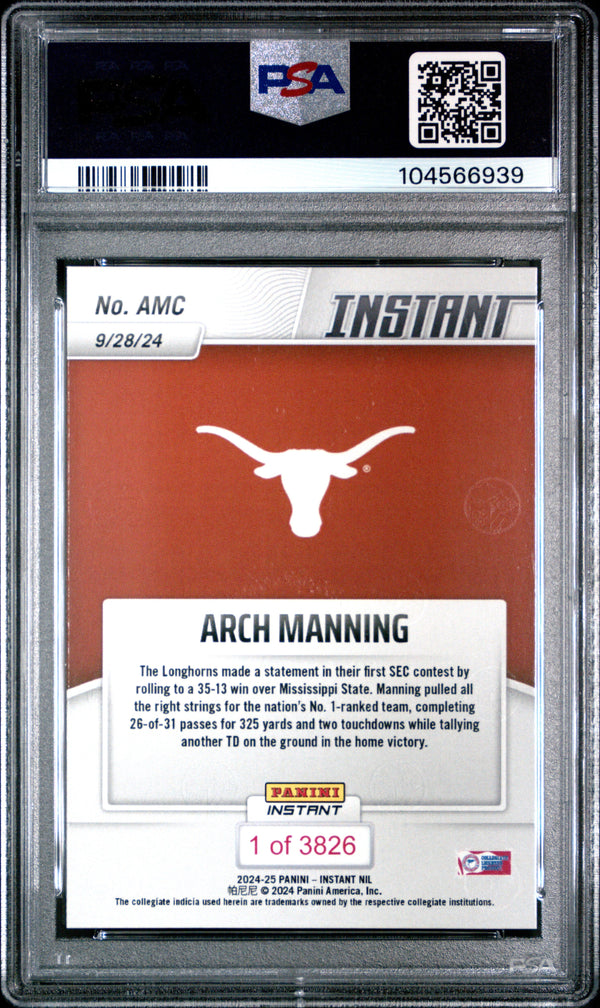 Graded 2024 Panini Instant NIL Arch Manning #AMC Rookie RC Football Card PSA 8 Near Mint