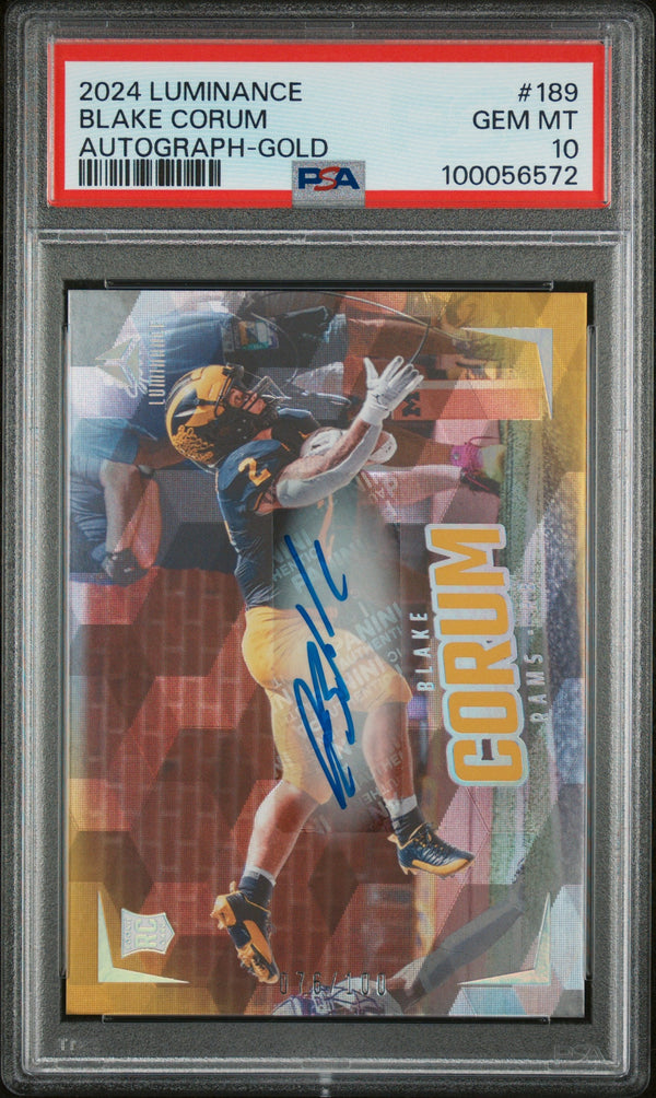 Graded 2024 Panini Luminance Blake Corum #189 Autograph Gold #/100 Rookie RC Football Card PSA 10 Gem Mint