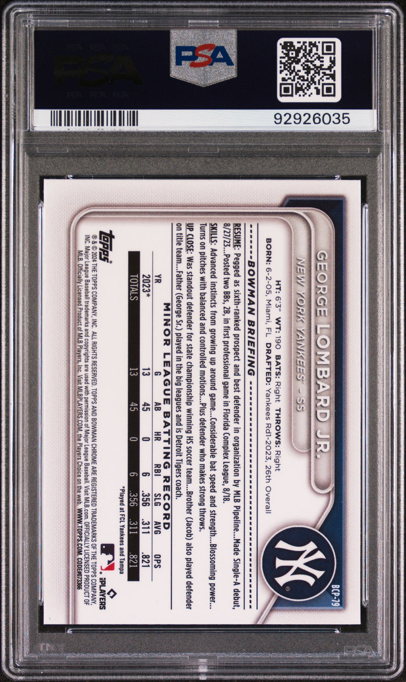 Graded 2024 Topps Bowman Mega Box George Lombard Jr #79 Chrome Prospects Rookie RC Baseball Card PSA 10 Gem Mint