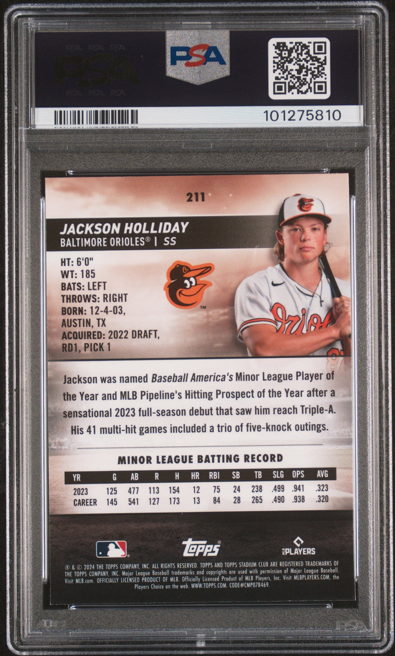 Graded 2024 Topps Stadium Club Jackson Holliday #211 Chrome Rookie RC Baseball Card PSA 10 Gem Mint