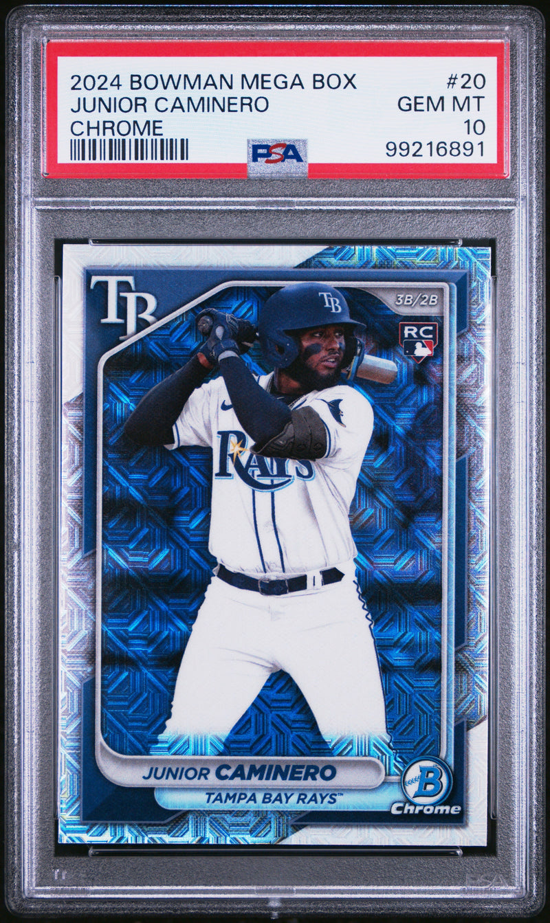 Graded 2024 Topps Bowman Mega Box Junior Caminero #20 Chrome Rookie RC Baseball Card PSA 10 Gem Mint