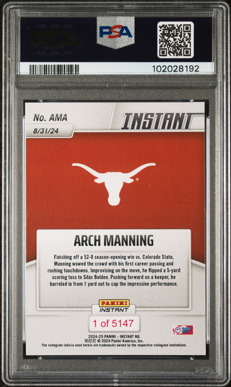 Graded 2024 Panini Instant NIL Arch Manning #AMA First Career Touchdown Pass Rookie RC Football Card PSA 10 Gem Mint