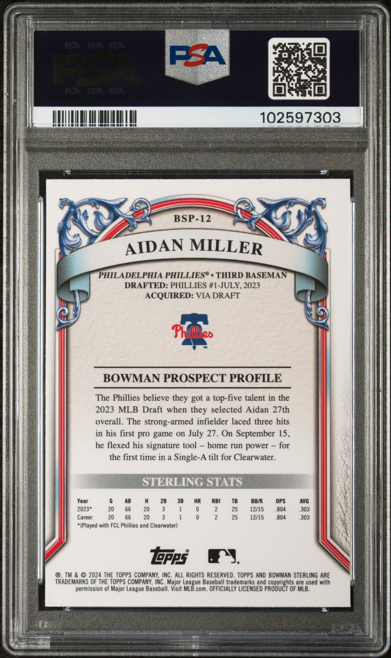 Graded 2024 Topps Bowman Sterling Aidan Miller #BSP12 Prospects Rookie RC Baseball Card PSA 9 Mint