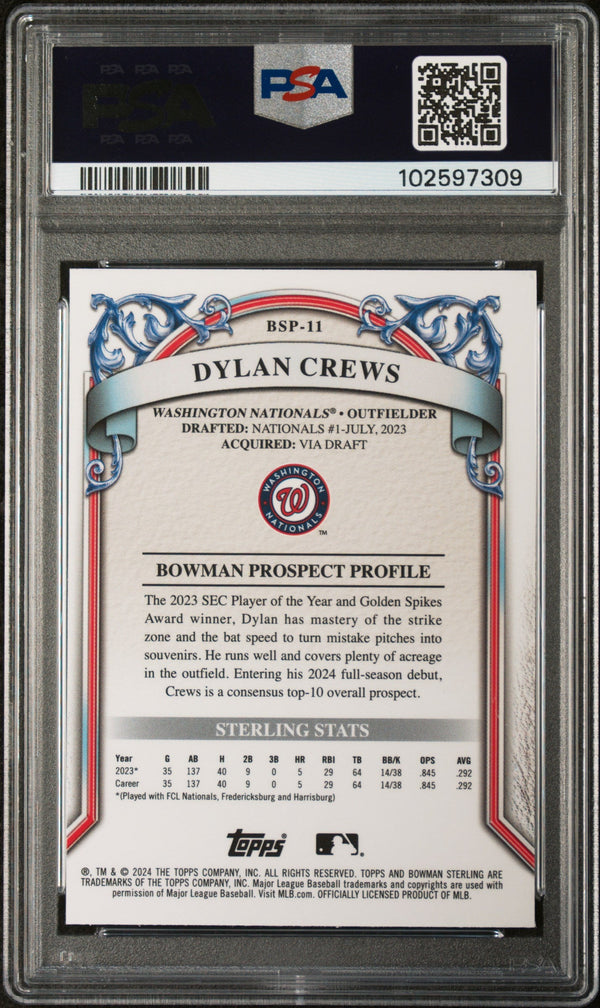 Graded 2024 Topps Bowman Sterling Dylan Crews #BSP11 Prospects Rookie RC Baseball Card PSA 9 Mint