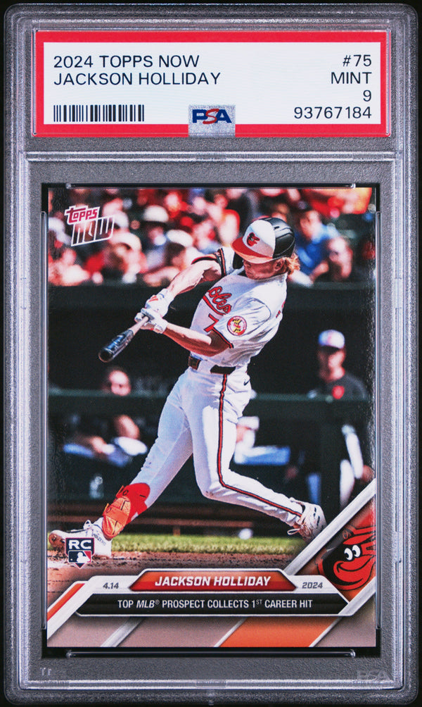 Graded 2024 Topps Now Jackson Holliday #75 1st Career Hit Rookie RC Baseball Card PSA 9 Mint