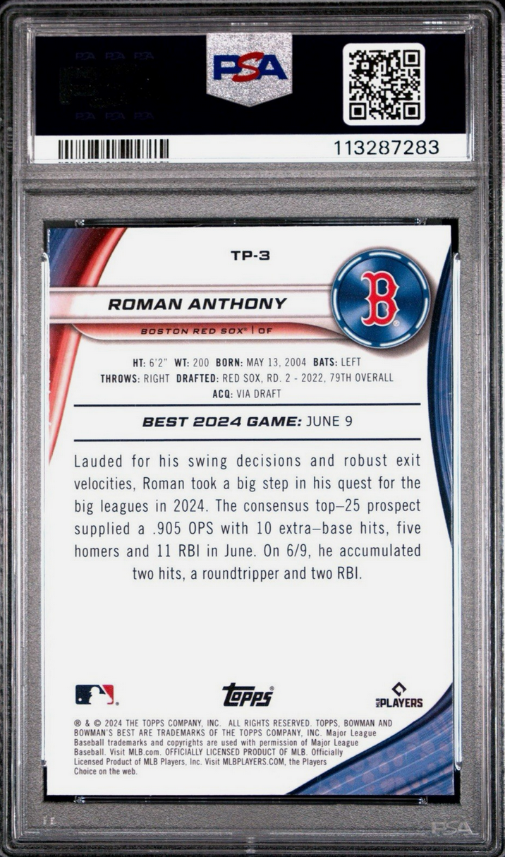 Graded 2024 Topps Bowmans Best Roman Anthony #TP3 Top Prospects Purple Refractor /250 Rookie RC Baseball Card PSA 10 Gem Mint