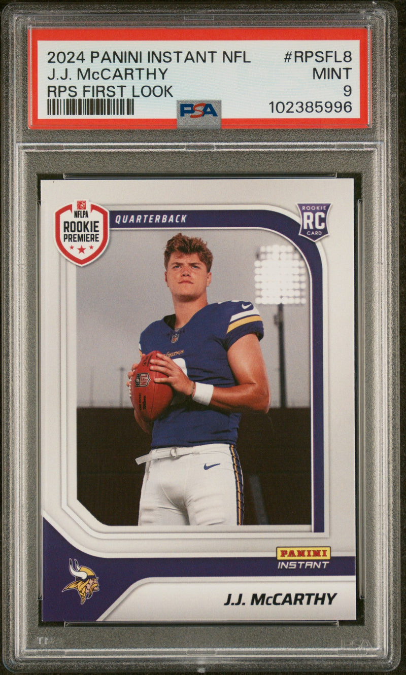Graded 2024 Panini Instant NFL JJ McCarthy #RPSFL8 RPS First Look Rookie RC Football Card PSA 9 Mint